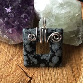 Snowflake Obsidian Square Donut Silver Wire Wrapped Pendant